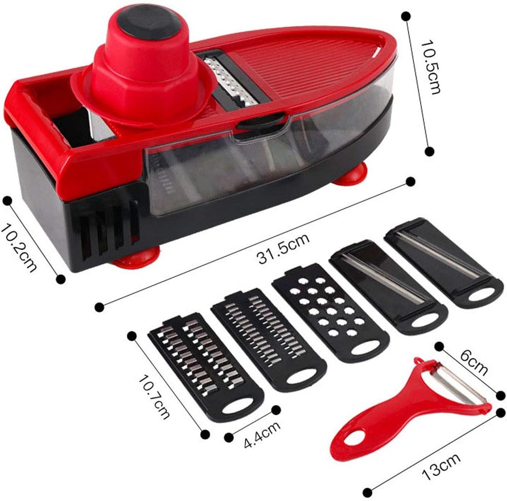 Cortador y Picador de Verduras Manual Multifuncional – 6 Cuchillas, Rojo