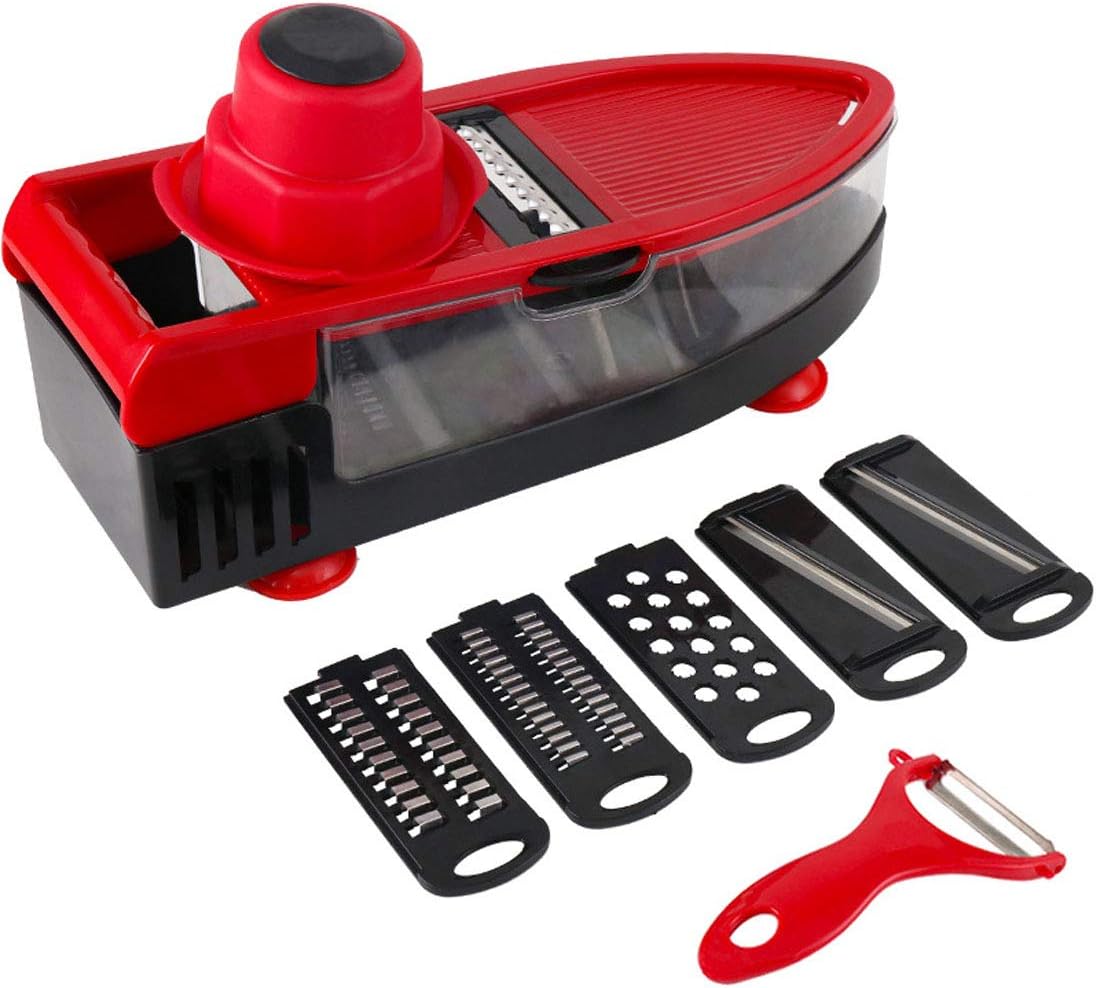 Cortador y Picador de Verduras Manual Multifuncional – 6 Cuchillas, Rojo
