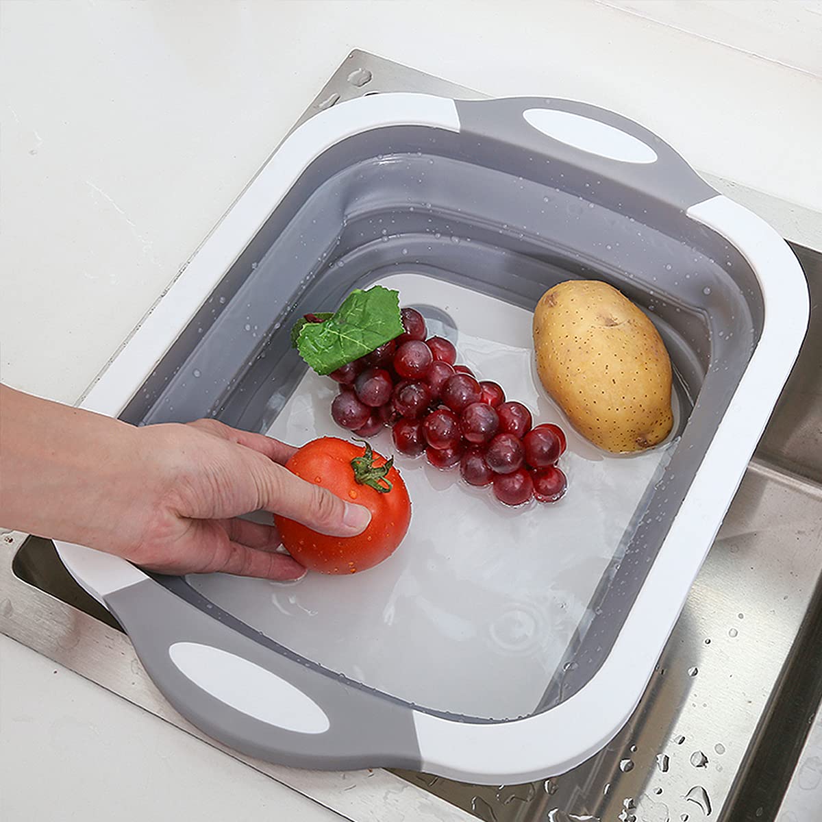 Tabla de Cortar 3 en 1 Plegable con Cesta de Drenaje – Gris
