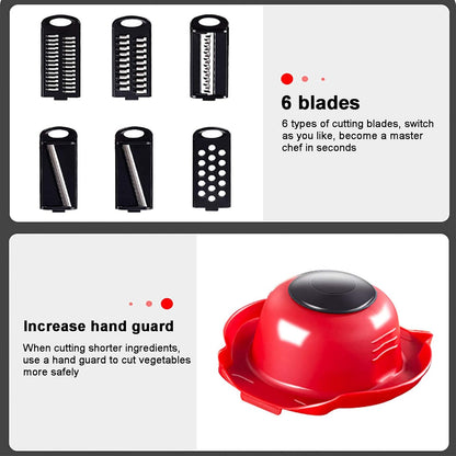 Cortador y Picador de Verduras Manual Multifuncional – 6 Cuchillas, Rojo