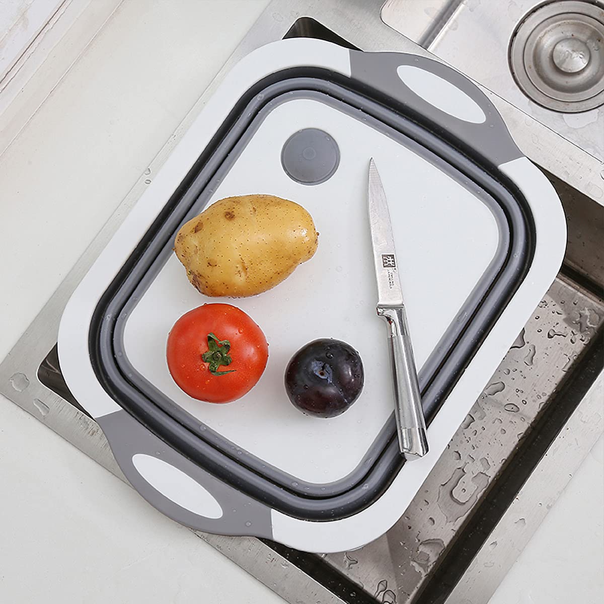 Tabla de Cortar 3 en 1 Plegable con Cesta de Drenaje – Gris