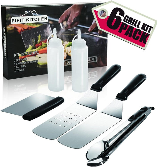 Juego de Utensilios para Parrilla y Plancha – Kit de Herramientas de BBQ de 6 Piezas de Acero Inoxidable