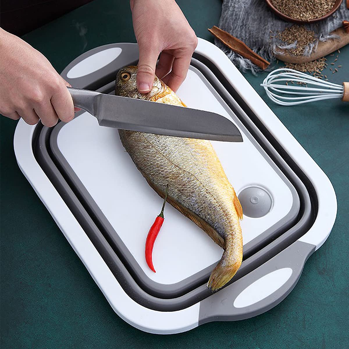 Tabla de Cortar 3 en 1 Plegable con Cesta de Drenaje – Gris