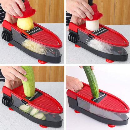 Cortador y Picador de Verduras Manual Multifuncional – 6 Cuchillas, Rojo
