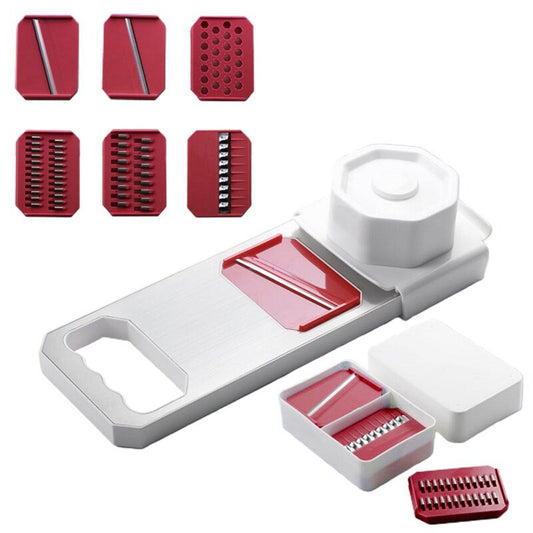 Qmyliery Picadora de Verduras Multifuncional – 6 Cuchillas, Caja de Almacenamiento y Protector de Mano – Azul / Rojo