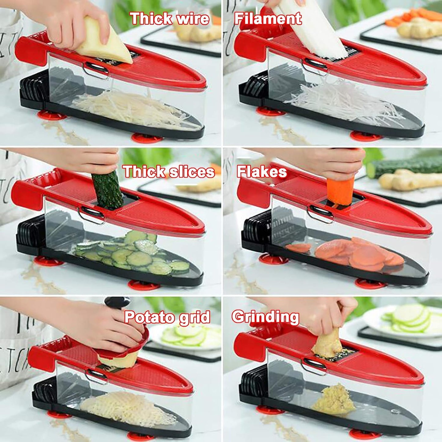 Cortador y Picador de Verduras Manual Multifuncional – 6 Cuchillas, Rojo
