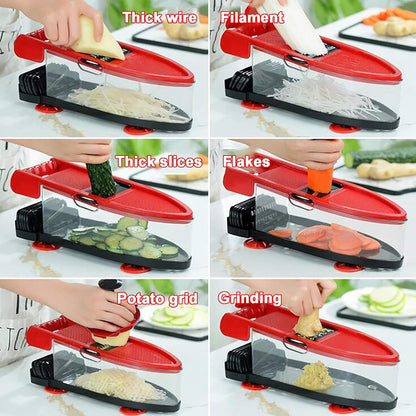 Cortador y Picador de Verduras Manual Multifuncional – 6 Cuchillas, Rojo